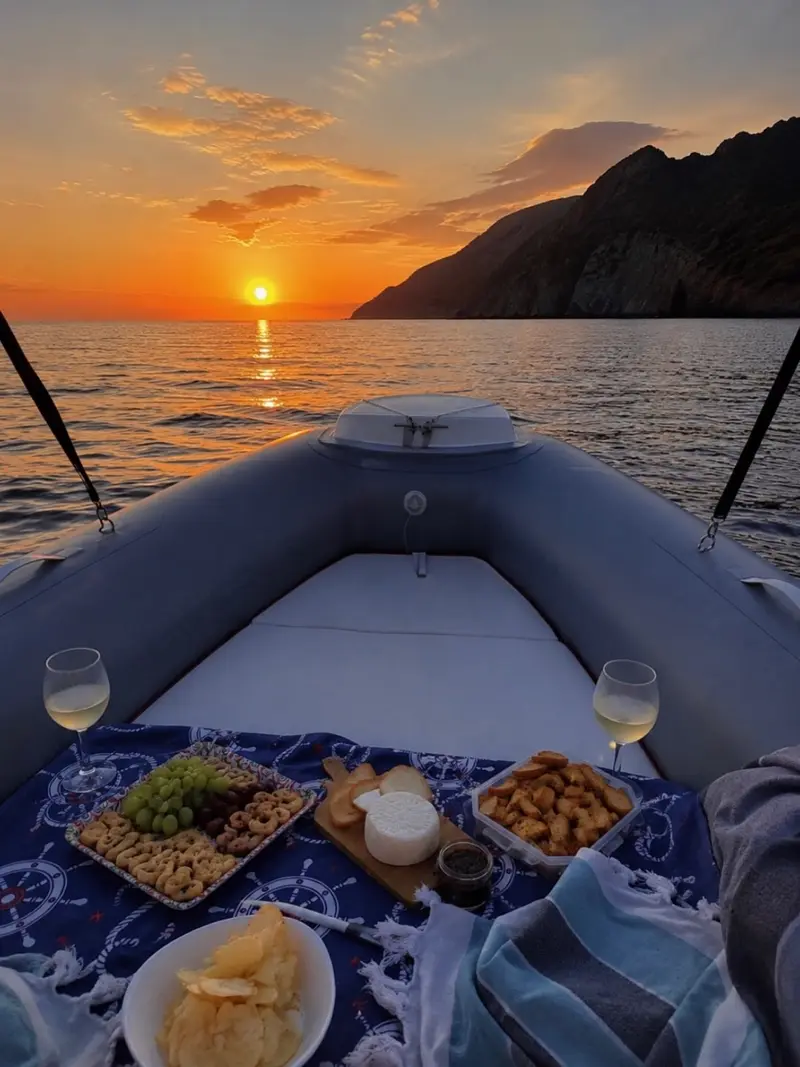 Aperitivo con calici di vino a bordo al tramonto
